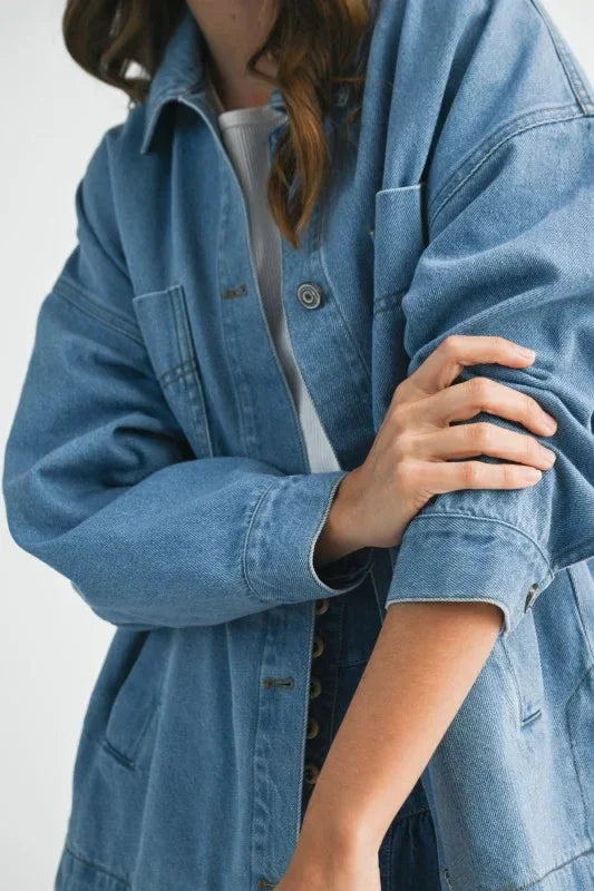 Aemi + Co Relaxed Fit Utility Denim Jacket - DAVERRI FASHIONS