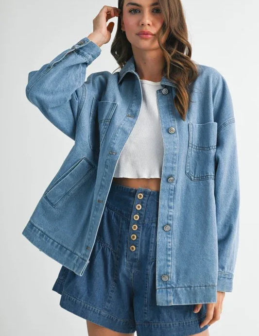 Aemi + Co Relaxed Fit Utility Denim Jacket - DAVERRI FASHIONS
