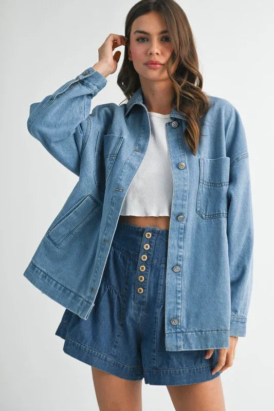 Aemi + Co Relaxed Fit Utility Denim Jacket - DAVERRI FASHIONS