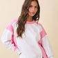 Colorblock terry pullover sweatshirt with pink shoulder panels
