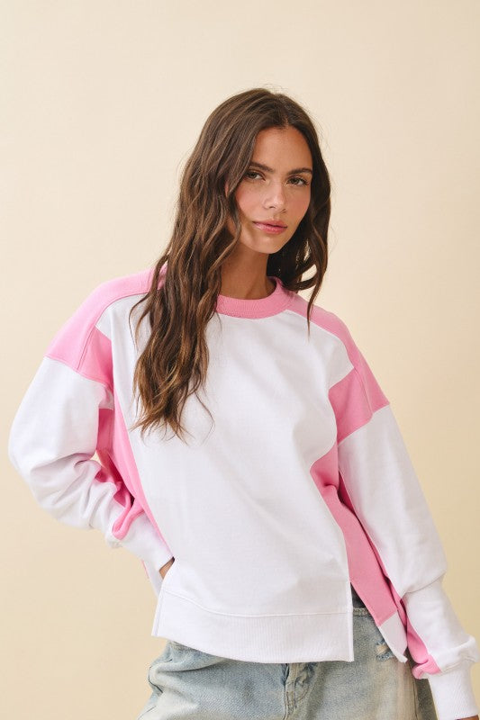 Colorblock terry pullover sweatshirt with pink shoulder panels