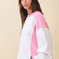 Soft two-tone pink and white colorblock terry pullover sweatshirt