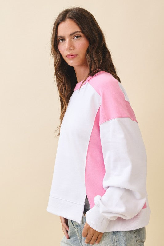 Soft two-tone pink and white colorblock terry pullover sweatshirt