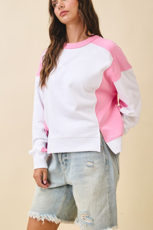 Pink and white color-blocked long-sleeve terry pullover sweatshirt