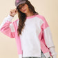 Pink and white color-blocked long-sleeve terry pullover sweatshirt