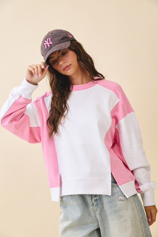 Pink and white color-blocked long-sleeve terry pullover sweatshirt