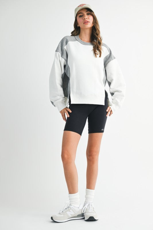 White and gray color-blocked relaxed fit terry pullover sweatshirt