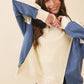 Cream and blue color-block bomber jacket with ribbed cuffs