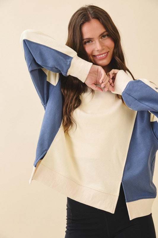 Cream and blue color-block bomber jacket with ribbed cuffs