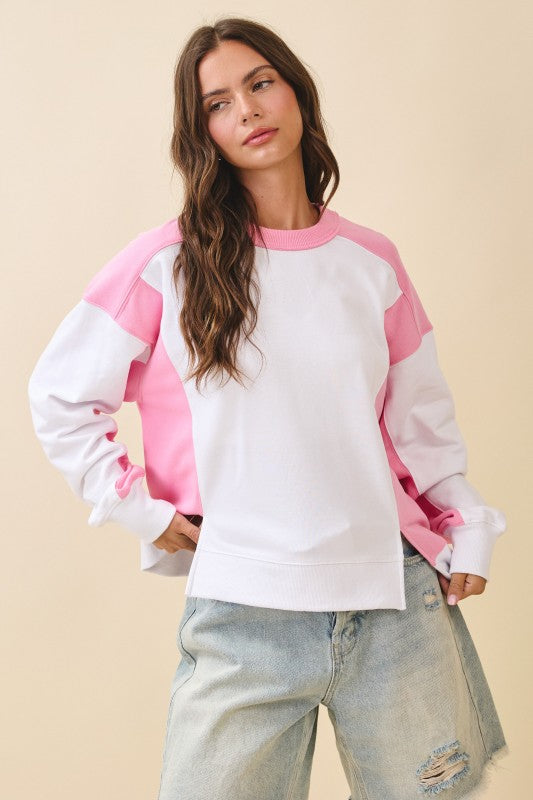 Colorblock Terry Pullover Sweatshirt in soft pink and white raglan sleeves