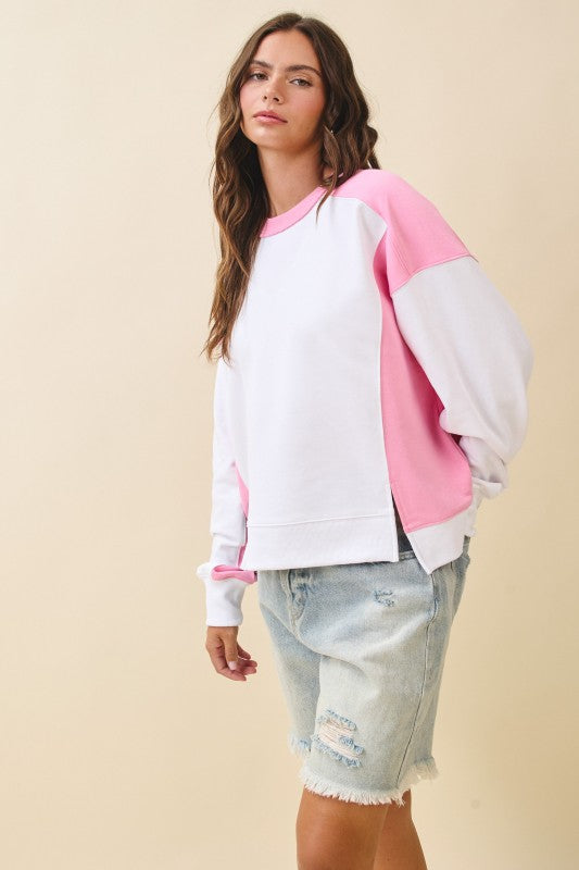 Cozy Colorblock Terry Pullover Sweatshirt with pink sleeves and trim