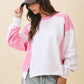 Pink and white color-blocked long-sleeve terry pullover sweatshirt