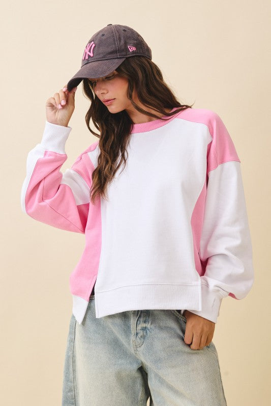 Pink and white color-blocked long-sleeve terry pullover sweatshirt