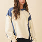 Cream and navy blue color-blocked relaxed fit terry pullover sweatshirt