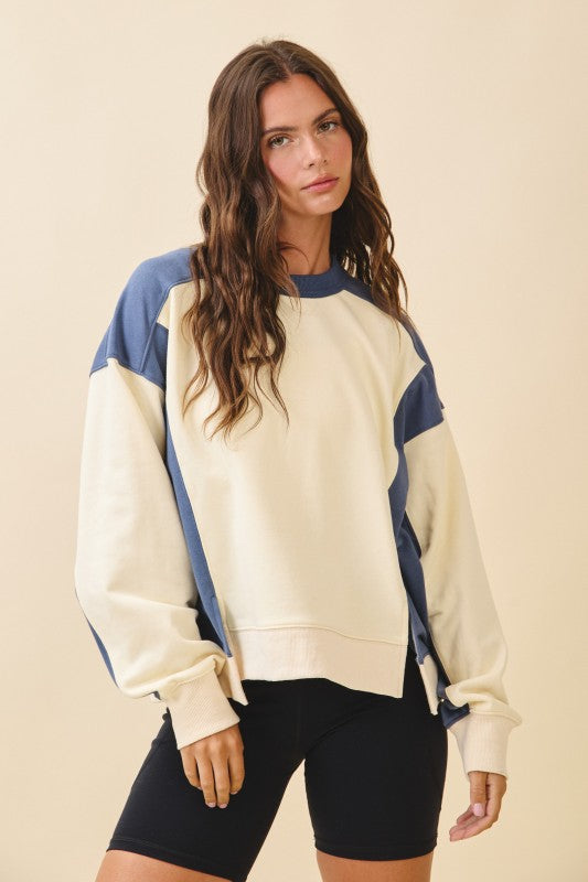 Cream and navy blue color-blocked relaxed fit terry pullover sweatshirt