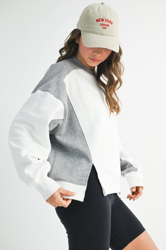 Colorblock terry pullover sweatshirt in two-tone gray and white