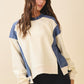 Cream and navy blue color-blocked relaxed fit terry pullover sweatshirt