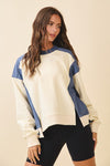 Cream and navy blue color-blocked relaxed fit terry pullover sweatshirt