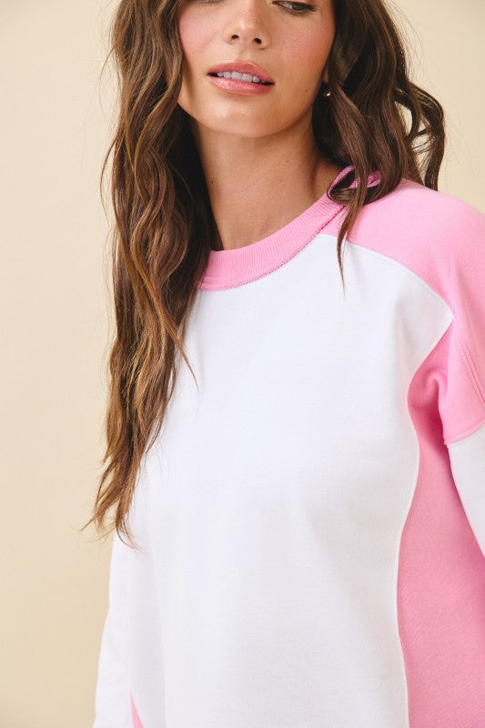 Colorblock Terry Pullover Sweatshirt in white and pink raglan style