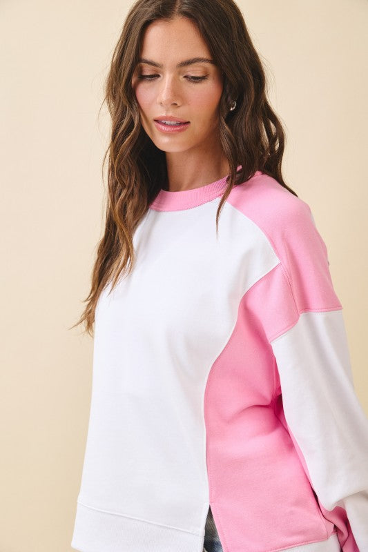 Colorblock terry pullover sweatshirt in white and pink with raglan sleeves