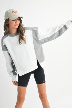 Colorblock Terry Pullover Sweatshirt with white body and gray sleeves