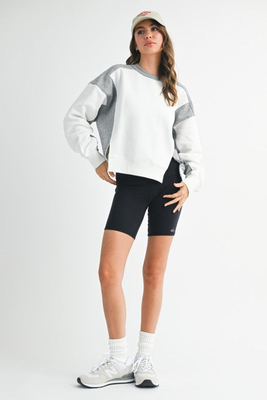 White and gray color-blocked relaxed fit terry pullover sweatshirt