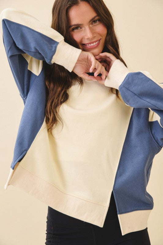 Cream and blue colorblock terry pullover bomber sweatshirt with ribbed cuffs