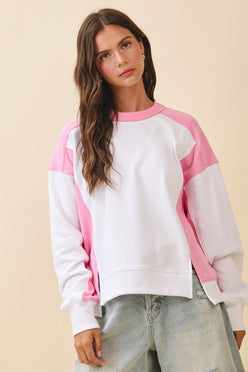 Soft white and pink two-tone raglan terry pullover sweatshirt