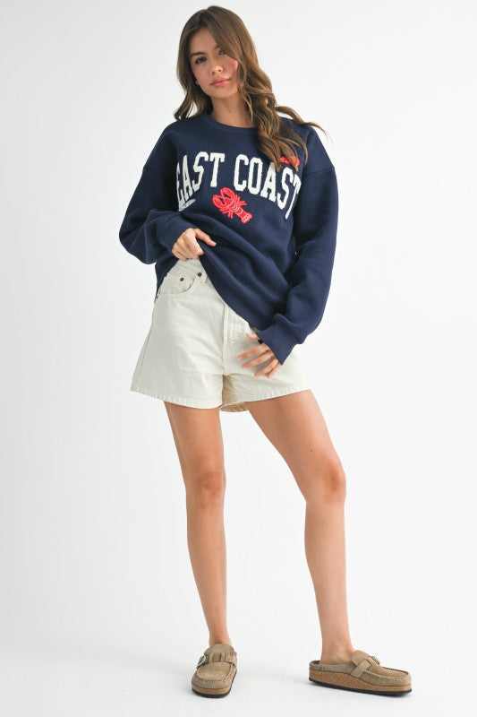 Aemi + Co East Coast navy blue oversized graphic fleece sweatshirt size S