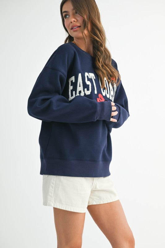 Aemi + Co East Coast navy blue oversized graphic fleece sweatshirt size S