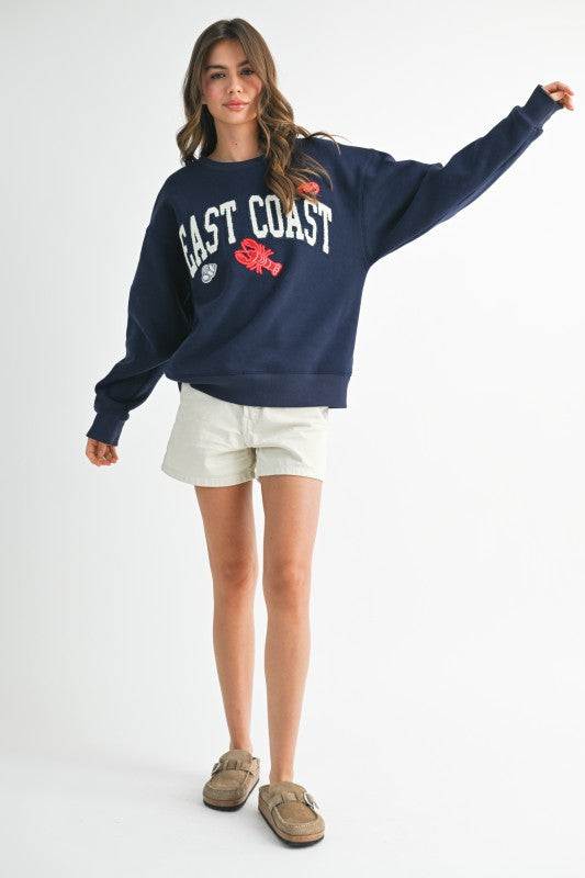 Aemi + Co East Coast navy blue oversized graphic fleece sweatshirt size S