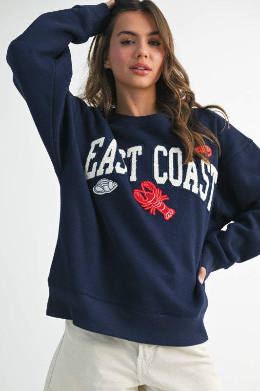 Aemi + Co East Coast navy sweatshirt with white text red lobster S