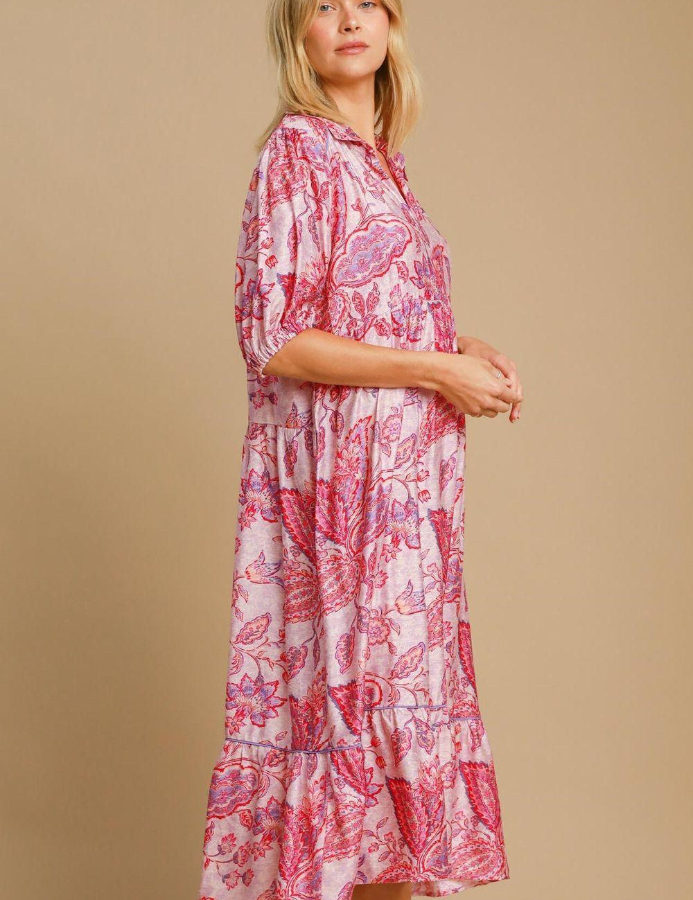 Umgee Full Size Ruffled Hem Floral Paisley Print Half Sleeve Midi Dress Plus Size | Daverri Fashions
