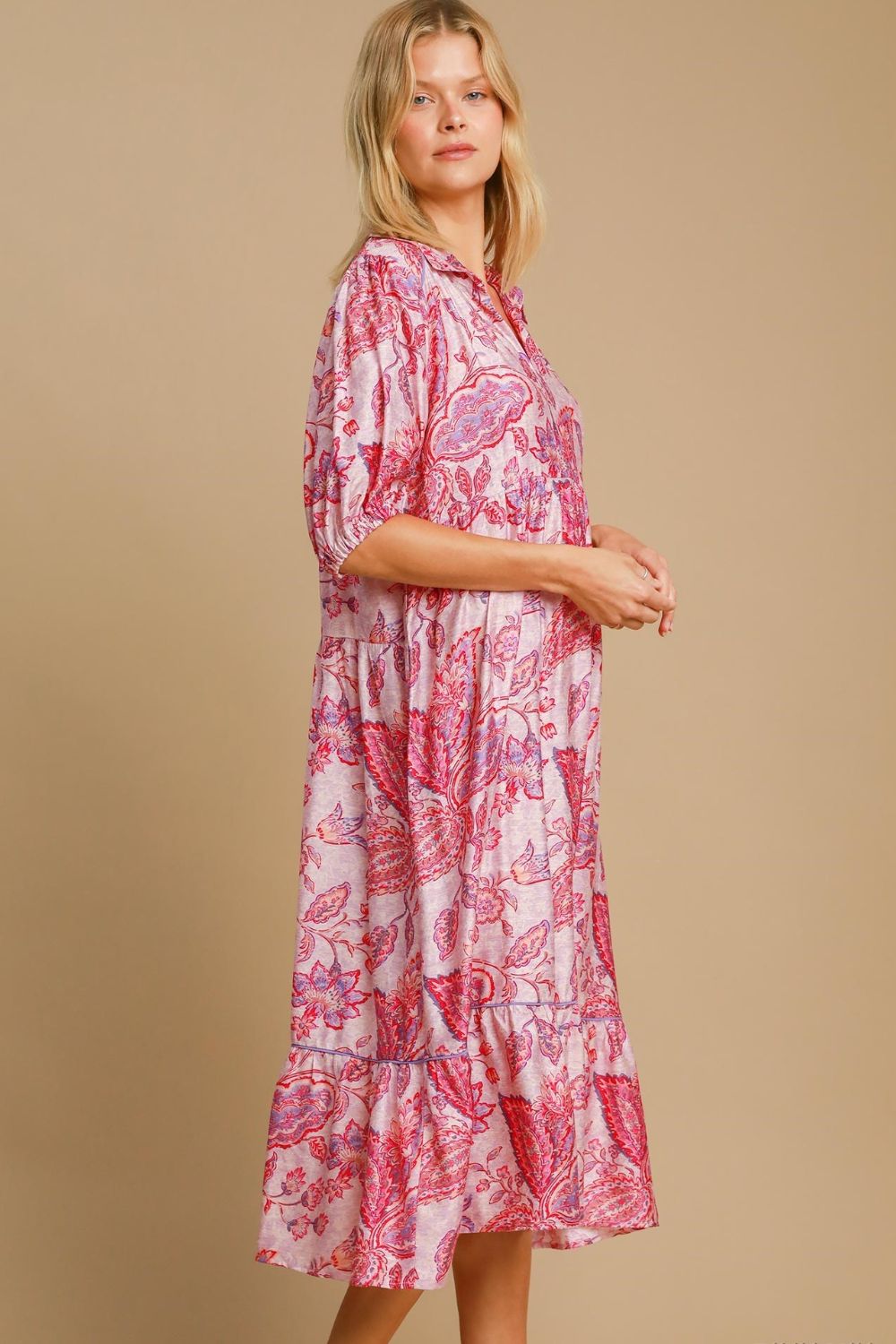 Umgee Full Size Ruffled Hem Floral Paisley Print Half Sleeve Midi Dress Plus Size