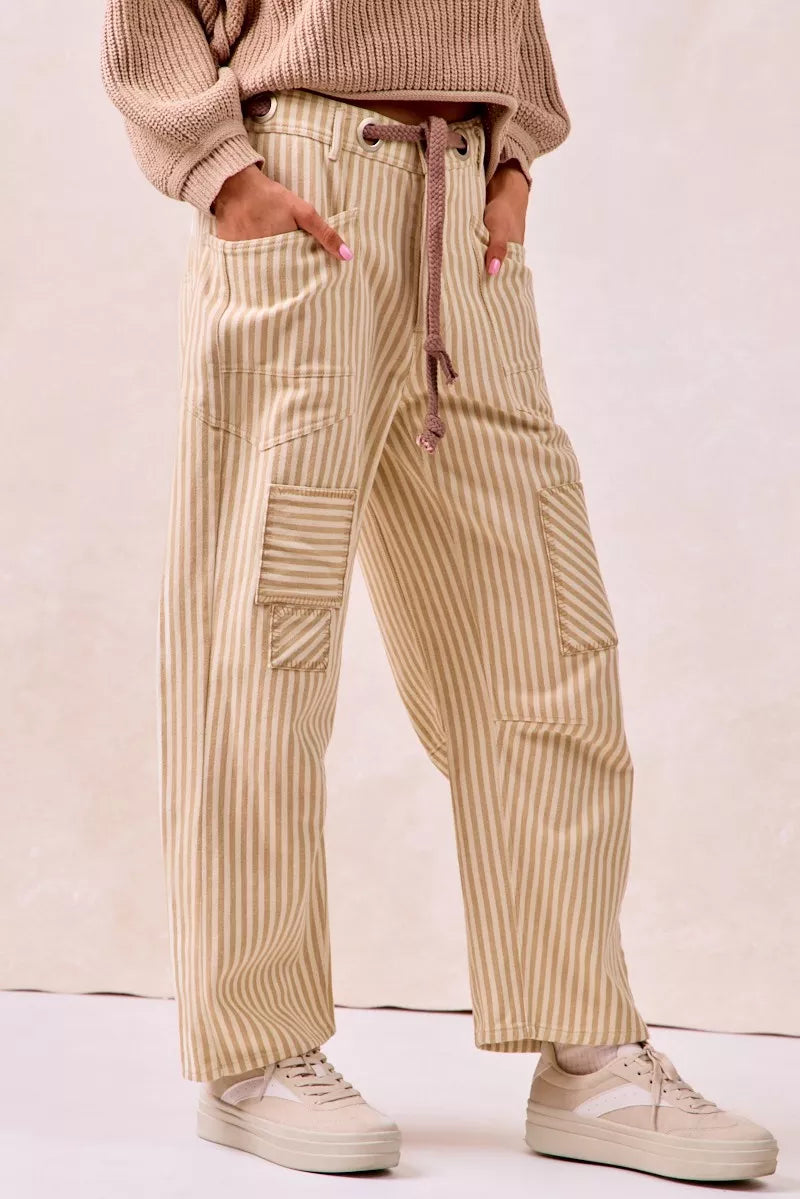 BiBi Drawstring Striped Twill Barrel Pants Oatmeal back view