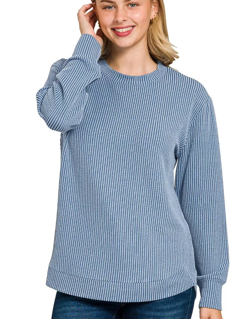 DUSTY BLUE Zenana Full Size Raised Rib Round Neck Long Sleeve Top Plus Size | Daverri Fashions