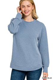 DUSTY BLUE Zenana Full Size Raised Rib Round Neck Long Sleeve Top Plus Size | Daverri Fashions