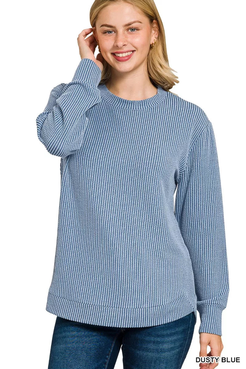 DUSTY BLUE Zenana Full Size Raised Rib Round Neck Long Sleeve Top Plus Size | Daverri Fashions
