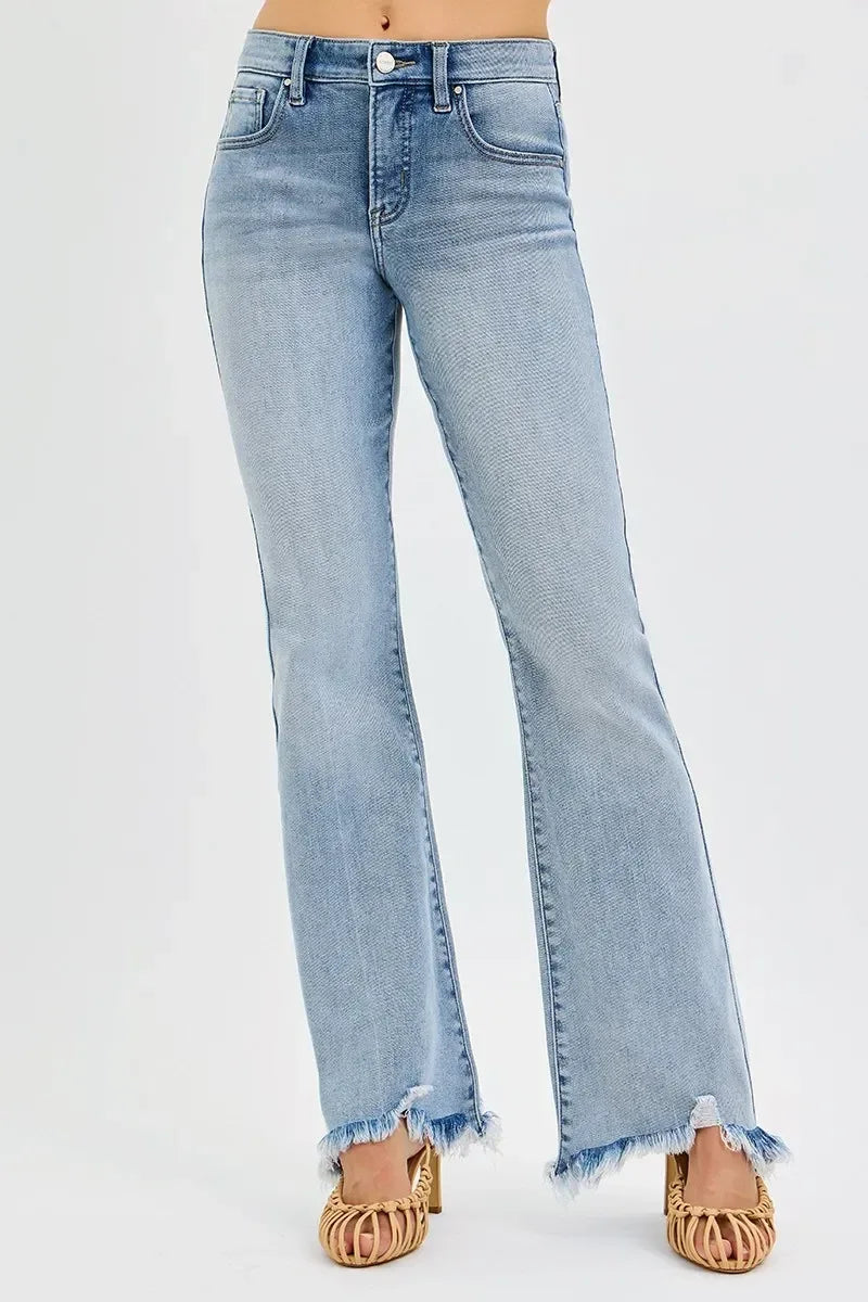 RISEN Full Size Tummy Control Mid Rise Flare Jeans with Fray Hem Detailed Plus Size - DAVERRI FASHIONS