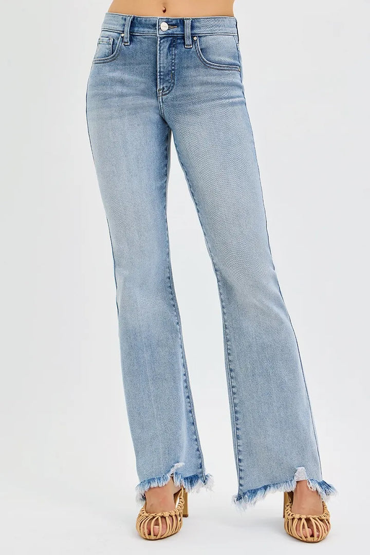 RISEN Full Size Tummy Control Mid Rise Flare Jeans with Fray Hem Detailed Plus Size | Jeans Daverri Fashions