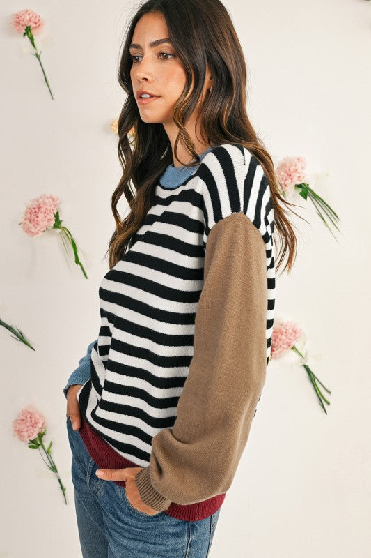 Striped Colorblock Patchwork Long Sleeve Sweater | Daverri Fashions