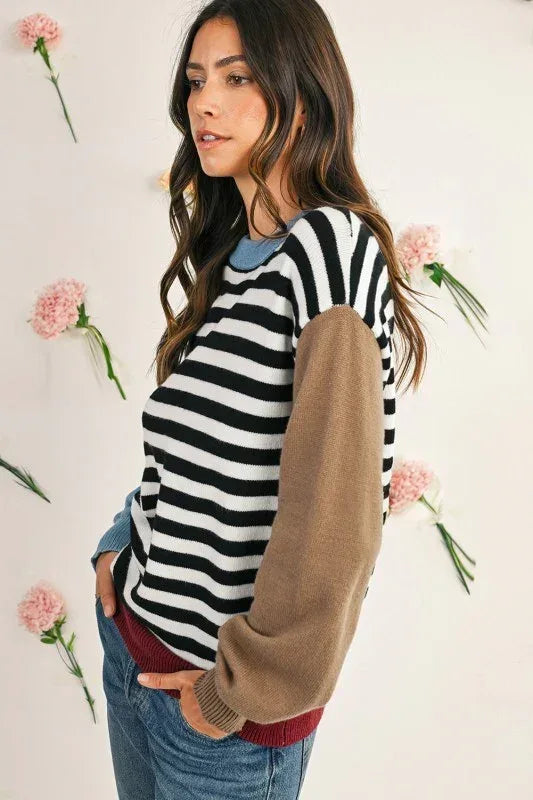 Striped Colorblock Patchwork Long Sleeve Sweater - DAVERRI FASHIONS