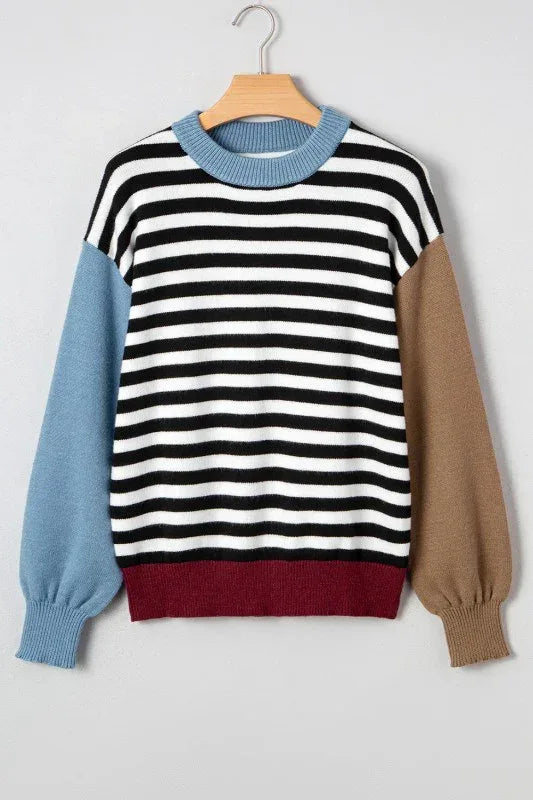 Striped Colorblock Patchwork Long Sleeve Sweater - DAVERRI FASHIONS
