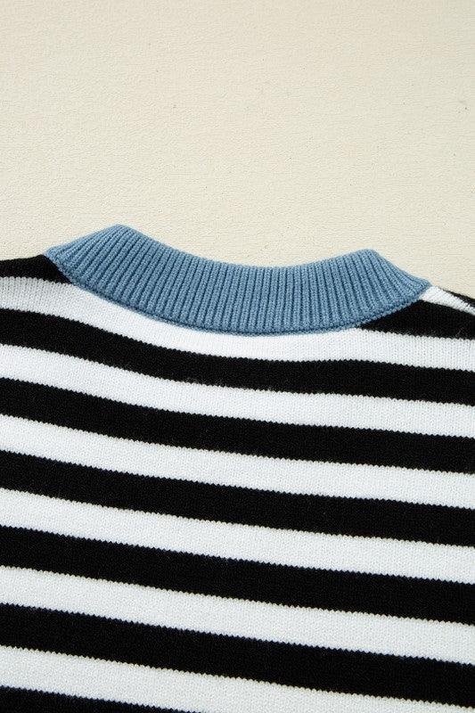 Striped Colorblock Patchwork Long Sleeve Sweater - DAVERRI FASHIONS