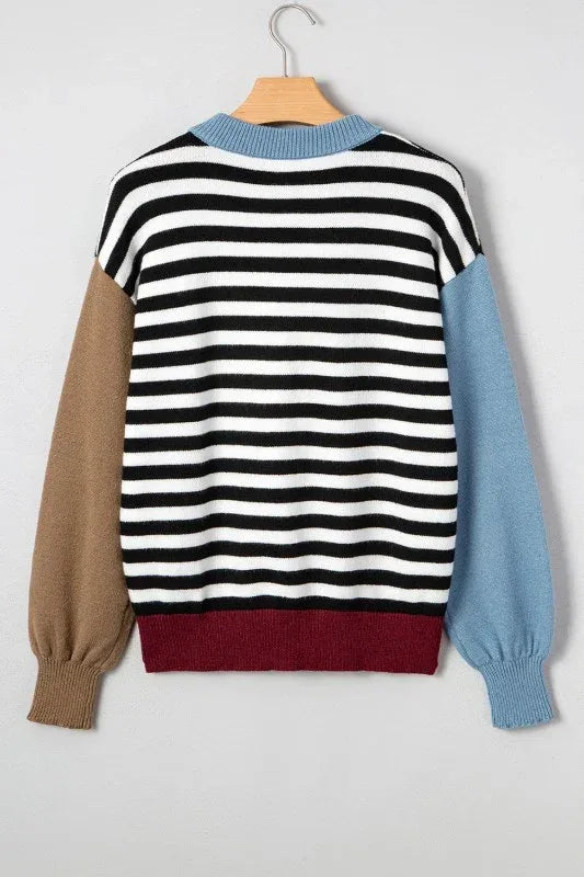 Striped Colorblock Patchwork Long Sleeve Sweater - DAVERRI FASHIONS