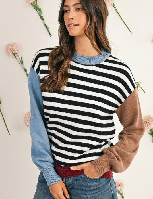 KHAKI SLEEVE SW2727011-P202 Striped Colorblock Patchwork Long Sleeve Sweater | Daverri Fashions
