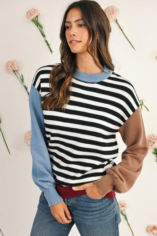 KHAKI SLEEVE SW2727011-P202 Striped Colorblock Patchwork Long Sleeve Sweater | Daverri Fashions