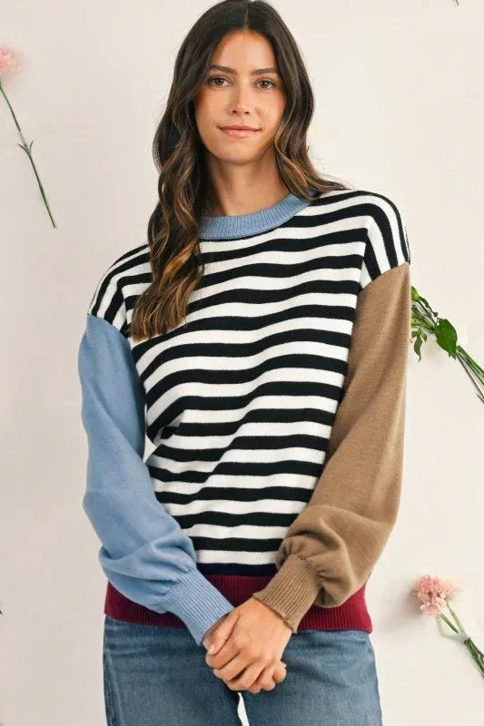 Striped Colorblock Patchwork Long Sleeve Sweater - DAVERRI FASHIONS