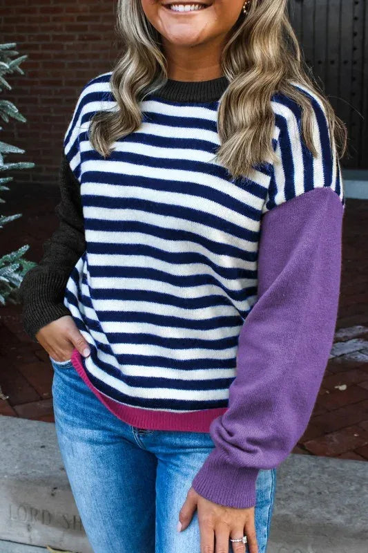 Striped Colorblock Patchwork Long Sleeve Sweater - DAVERRI FASHIONS