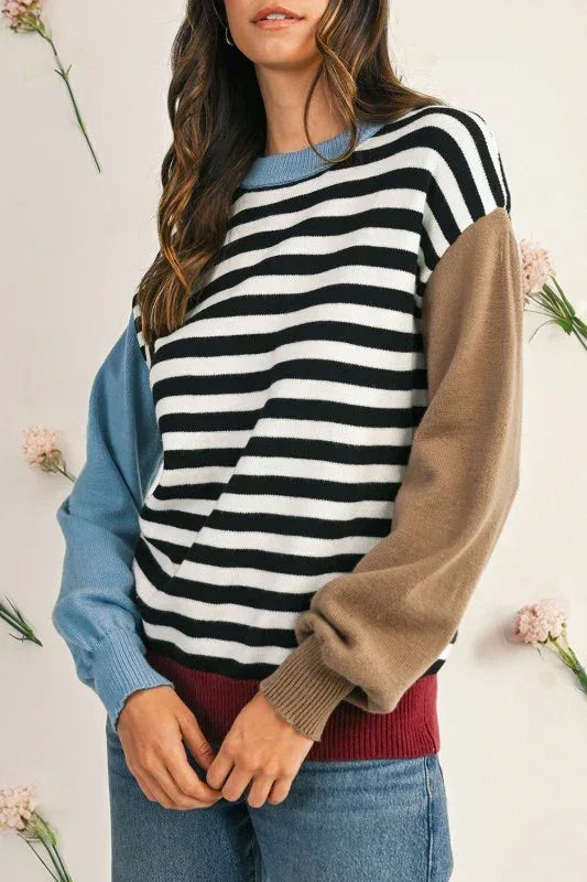Striped Colorblock Patchwork Long Sleeve Sweater - DAVERRI FASHIONS
